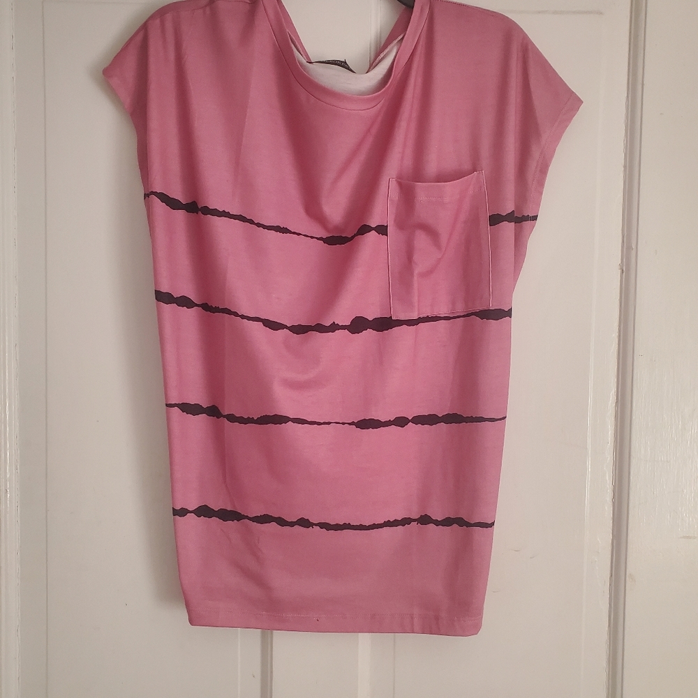 Women's Pink with Black Stripes Casual Cap Sleeve Loose Blouse - WORN ONCE!!